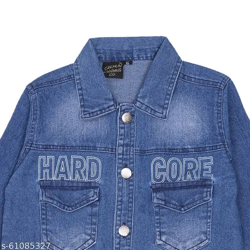 Boys denim jacket with 'Hard Core' embroidery, blue jeans material