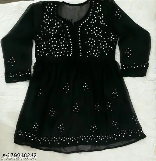 Red Georgette Long-Sleeve Frock Top/Kurti Top, Indian Chikankari Charm, XXS-XXL