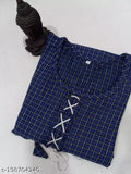 Dark blue check woolen kurti with tie waist detail
