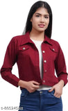 Maroon cotton-blend denim jacket for women & girls, solid design with three-quarter sleeves, S (34in bust, 21in length), Made in India