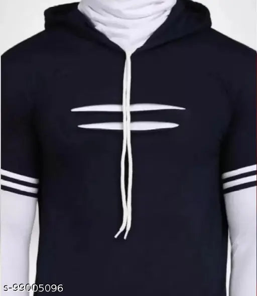 Trendy navy blue cotton blend long sleeve solid color hoodie with built-in mask for men, stylish and comfortable streetwear on display