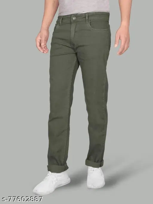 Just black mens straight olive jeans, cotton dark olive men's regular fit, India-made