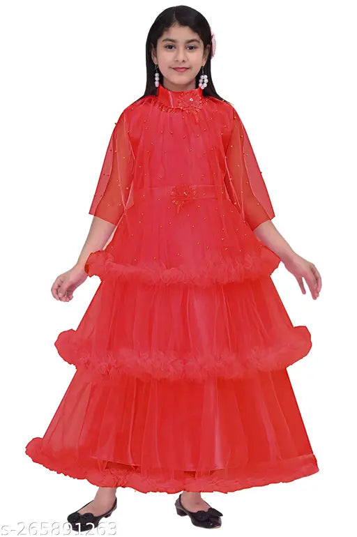 Red chiffon tulle gown dress for women, fitted at waist, long skirt, embellished with lace trim