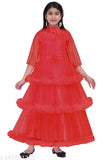 Red chiffon tulle gown dress for women, fitted at waist, long skirt, embellished with lace trim