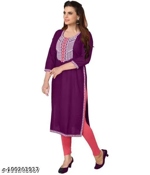 Purple rayon embroidered kurta with three-quarter sleeves and round neck - Zeenat Libaas for office party wear, India origin