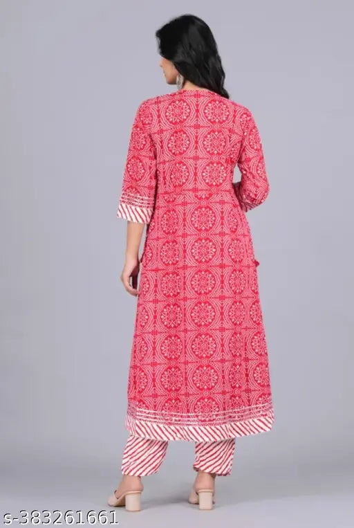 Rayon embroidered Anarkali kurti set with pant and dupatta, three-quarter sleeves, printed design on vibrant Indian fabric