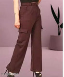 Brown and black cotton blend cargo pants set, new trending style for women's casual wear, solid pattern, two pieces in sizes XS-26, S-28, M-30, L-32, originating from India