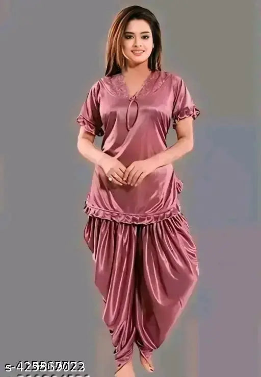 Purple satin women's patiala dhoti kurta night suit set, comfortable and trendy sleepwear with optional robe