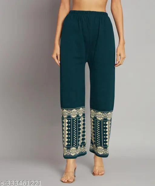 Multicolor wool A-line V-neck kurta set for women, coupled with palazzo bottoms in printed net style, three-quarter sleeves