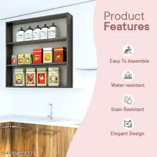 A set of three adjustable wooden shelves in a kitchen, easy to assemble with water resistant stain