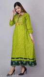 Green rayon anarkali kurti, printed combo, three-quarter sleeves, India-origin