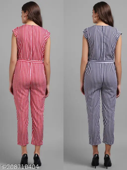 Red and blue striped crepe jumpsuit combo for women, printed pattern with short sleeves, India origin