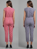 Red and blue striped crepe jumpsuit combo for women, printed pattern with short sleeves, India origin