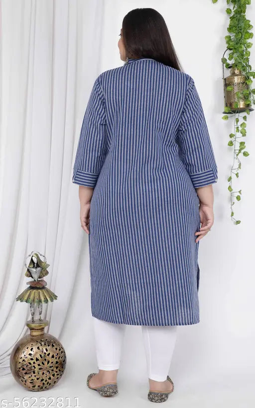 Big size striped cotton pocket kurti for women, perfect for formal and daily wear with 3/4th sleeves, round collar neck, and fancy buttons. South Cotton, hand-wash, Made in India