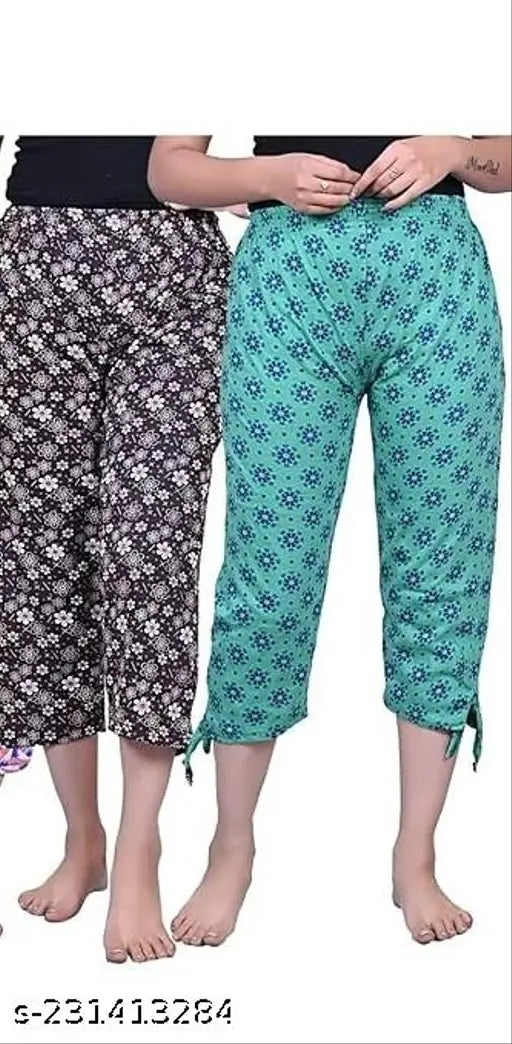 Printed cotton women's nightwear capris in assorted prints, varying sizes for a 5-piece set
