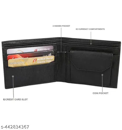 Black faux leather men's casual card holder wallet, textured net pattern with 2 compartments
