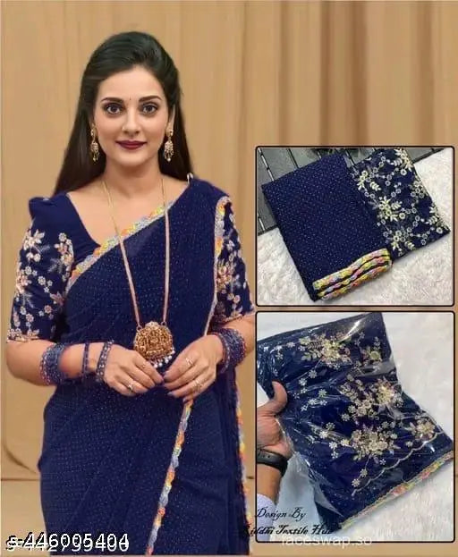 Georgette saree with intricate floral embroidery and border, navy blue color