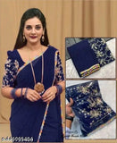 Georgette saree with intricate floral embroidery and border, navy blue color