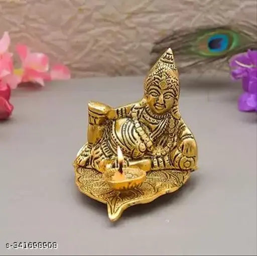 Golden Ansh Trend Kuber Deepam decorative showpiece, Indian metal god idol with diya, 7cm tall