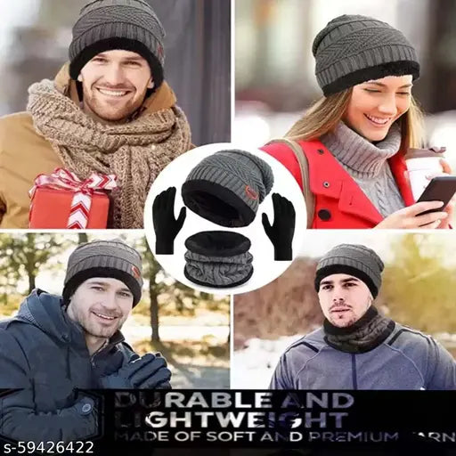 Grey wool beanie, scarf, and gloves set for winter sports