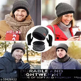 Grey wool beanie, scarf, and gloves set for winter sports