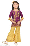 Purple Rayon Reyon Kurti and Pant Set Sarara dress for Baby Girl, stylish, embroidered, comfortable for parties and events. Sizes: 1-2Y (20in/25in), 2-3Y (21in/26in), 3-4Y (22in/27in), 4-5Y (23in/28in), 5-6Y (24in/29in), 6-7Y (25in/30in), 7-8Y (26in/31in), 8-9Y (27in/32in), 9-10Y (28in/33in). Made in India