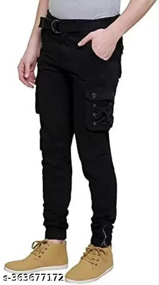 Men's cotton blend black cargo pants - solid net, versatile and stylish for any occasion. Perfect fit for waist sizes 28, 30, 32, 34, or 36 inches with a length size of 40 or 41 inches. Made in India by JAINENTERPRISES