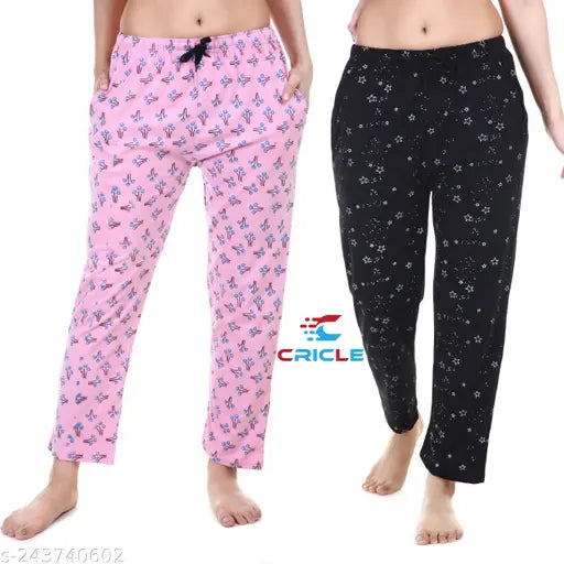 Pink floral long pants, black leggings with stars design