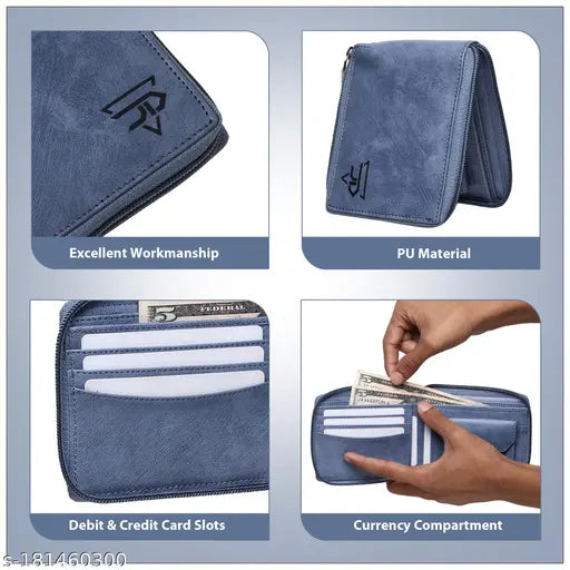 Blue faux leather round zip wallet, 2 compartments, textured pattern, perfect for men