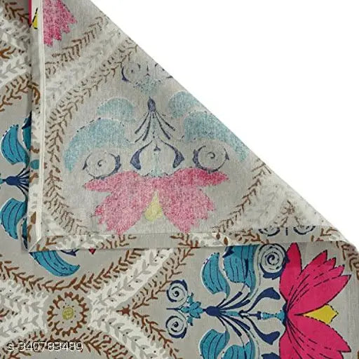 Beige lotus printed cotton flat sheets, 2 pillow covers, summer season, regular thread count (200), double queen size, Pune cotton bed linen from India