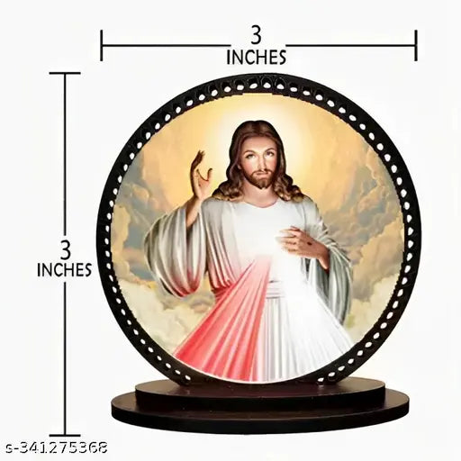 High-quality wooden Lord Jesus idol, double-sided, for car and home decor. Perfect for gifting, prelaminated MDF, 3"x3.2" x 3"x9", made in India