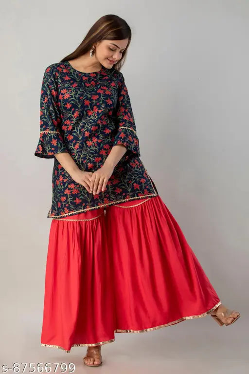 Rayon, straight cut kurta with sharara skirt print detailing, long sleeves