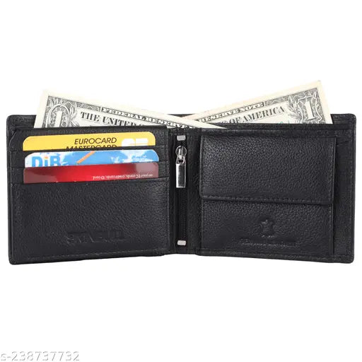 Black genuine high-quality leather men's wallet with RFID protection, featuring 2 compartments, 6 card slots, and multiple pockets. Classic full-grain leather design, compact size for easy pocket fit or travel bag storage. Ideal for festive season gifts for men and boys of all ages