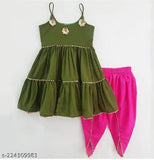 Mahendi green & pink rayon dhoti pant with sleeveless top for kids, embellished pattern, cotton bottom" (125 characters)