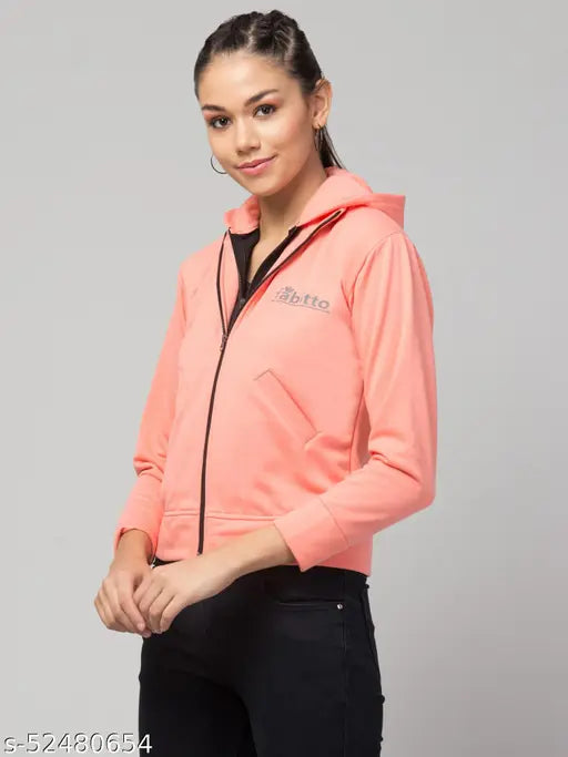 Trendy peach cotton blend jacket/hoodie with double zippers for women, solid design, full sleeve, available in S, M, L, XL sizes (Bust 12in, Waist 15in, Hip 13in, Shoulder 14in). Classic and comfy women's wear from Fabitto. Made in India