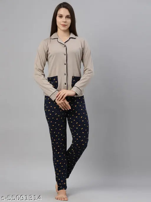 Multicolor printed cotton pyjama set for women, Curare brand, long sleeves