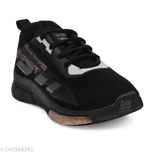 Kids black sports running sneakers with white sole and laces