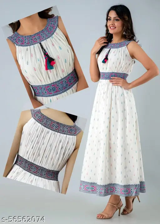 Blue rayon sleeveless elastic kurti with printed combo, single Surya creation for women's casual wear (XS: 34in bust, 46in size length)