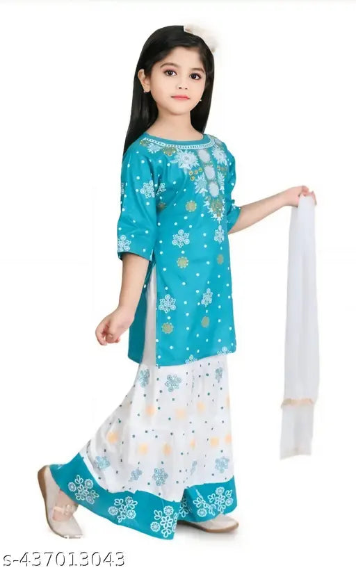 Printed rayon Sharara and Kurta Set for girls, A-line top with three-quarter sleeves. Comfortable and soft material. Sizes 5-6 years (L21/B25), 6-7 years (L22/B26), 7-8 years (L23/B27), 8-9 years (L24/B28). Made in India