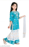 Printed rayon Sharara and Kurta Set for girls, A-line top with three-quarter sleeves. Comfortable and soft material. Sizes 5-6 years (L21/B25), 6-7 years (L22/B26), 7-8 years (L23/B27), 8-9 years (L24/B28). Made in India