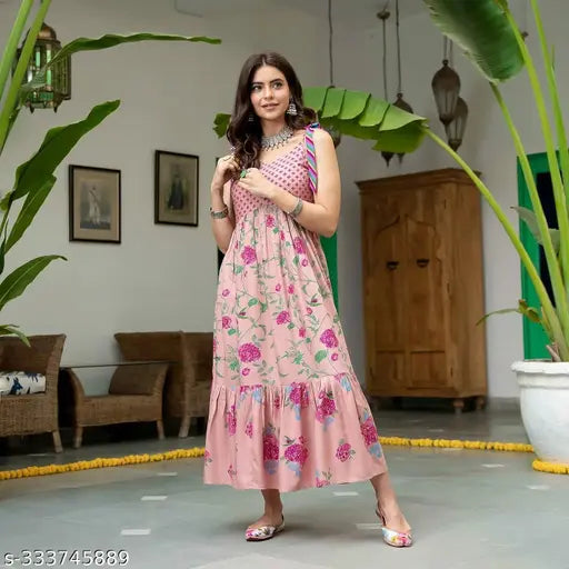 Rayon sleeveless shoulder strap anarkali kurta, trendy printed ethnic wear party gown for women, India origin