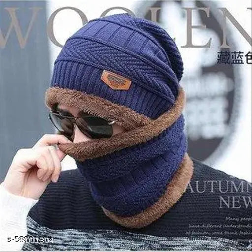 Blue woolen winter beanie cap & neck warmer scarf set for men & women, offering all-season protection
