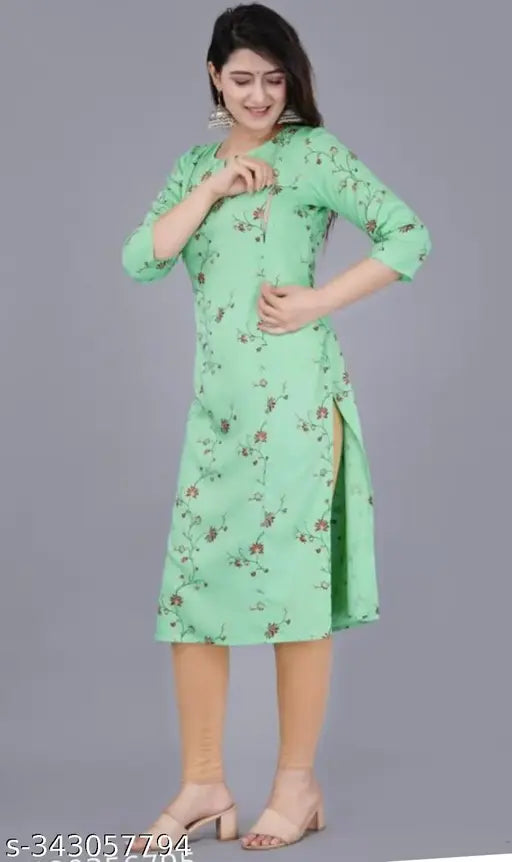 Rayon printed trendy feeding zip maternity kurta with three-quarter sleeves, ideal for expectant mothers in sizes M, L, XL, XXL