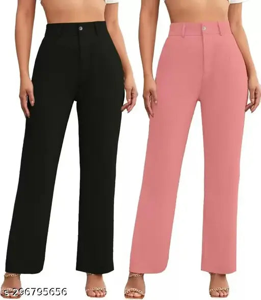 Black & Pink Cotton Blend Women's Regular Fit Trousers Pack of 2, sizes 26-34 (Indian origin)
