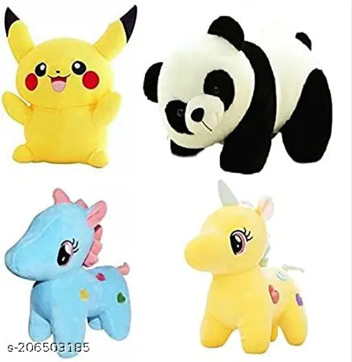 Blue & yellow unicorn, Pikachu, Baby Pannda soft toy combo pack for babies, Indian-made baby toys collection on display