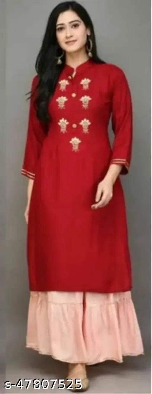Red rayon kameez set with long hemline and embellished borders
