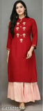 Red rayon kameez set with long hemline and embellished borders