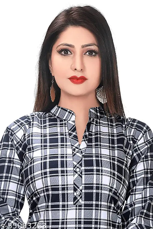 Cotton printed checkered top, three-quarter sleeves, vibrant Indian check pattern - XL