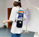Black fanny pack with white logo and small floral pocket, worn by girl standing outside