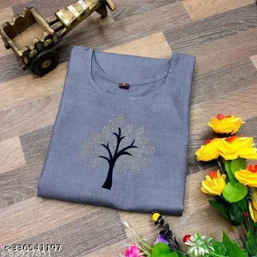 Grey cotton fashion kameez with floral embroidery
